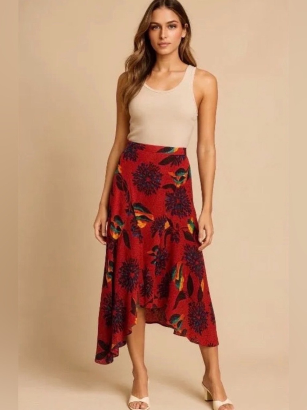LA DoubleJ Martha Red Velvet Floral Silk Viscose Midi Skirt